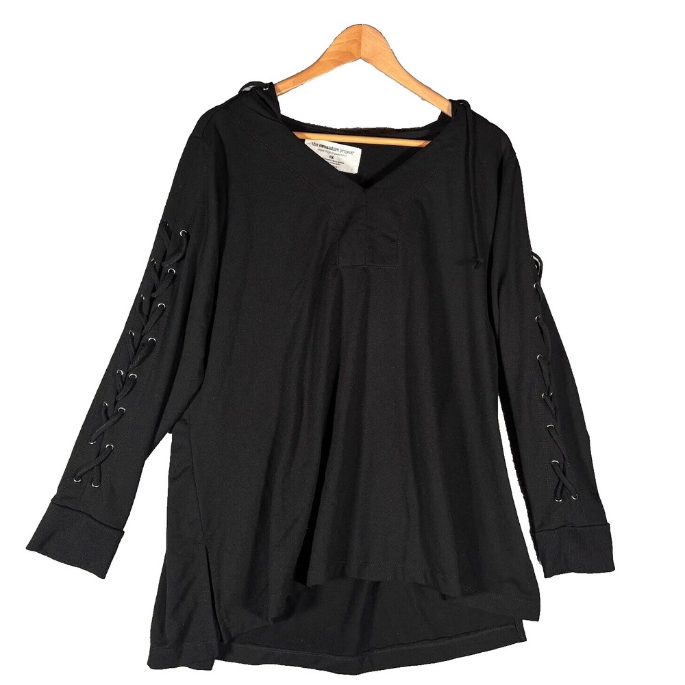 The Sweatshirt Project Hoodie 1X Black Laced Sleeves Tassles Drawstrings Tunic